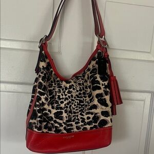 Coach Red Leather-Trim Leopard Ocelot Shoulder Hobo Bag